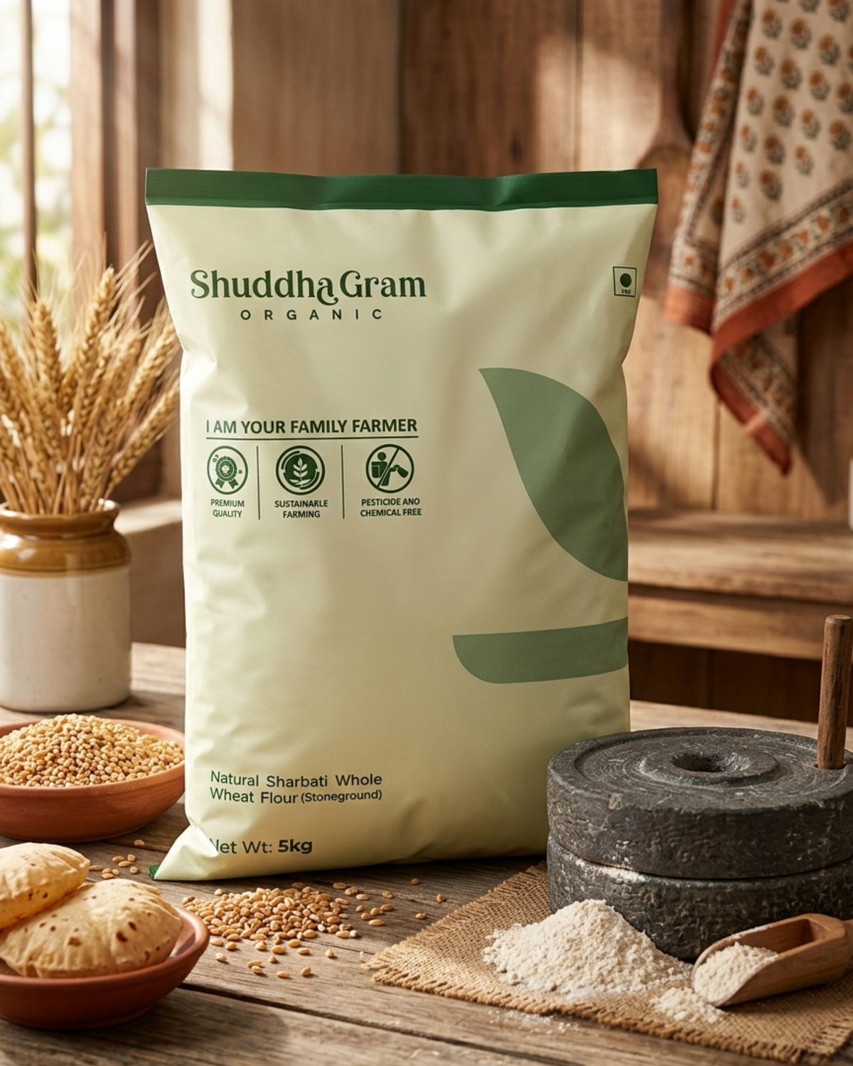 Natural Sharbati Whole Wheat Flour (Stoneground) 5kg